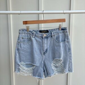 INDIGO REIN - DISTRESSED HIGH RISE LONG JEAN SHORTS